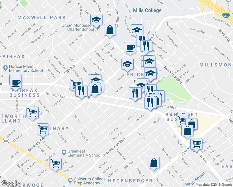 map of restaurants, bars, coffee shops, grocery stores, and more near 2732 61st Avenue in Oakland