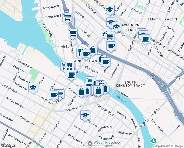 map of restaurants, bars, coffee shops, grocery stores, and more near 2853 Regatta Drive in Oakland
