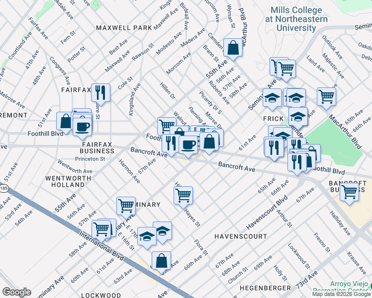 map of restaurants, bars, coffee shops, grocery stores, and more near 5833 Foothill Boulevard in Oakland