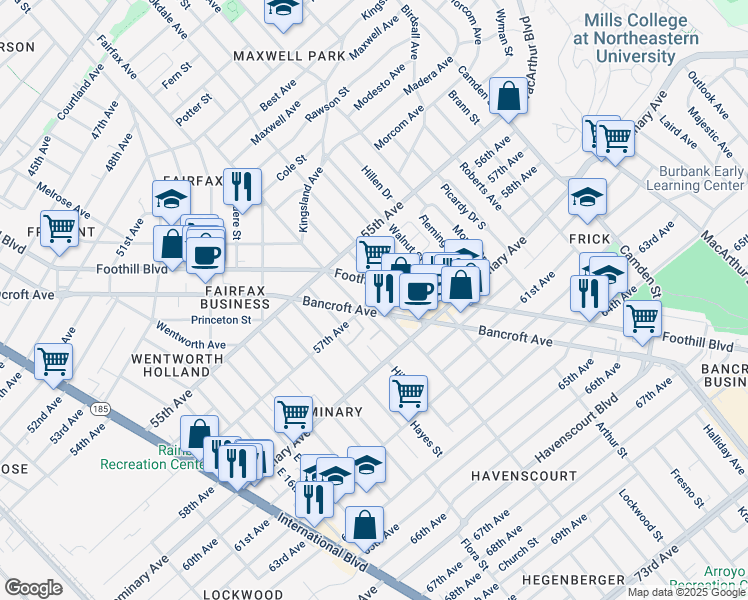 map of restaurants, bars, coffee shops, grocery stores, and more near in Oakland
