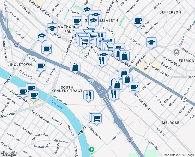 map of restaurants, bars, coffee shops, grocery stores, and more near 901 39th Avenue in Oakland