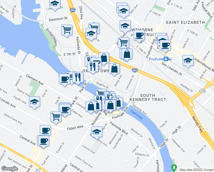 map of restaurants, bars, coffee shops, grocery stores, and more near 2865 Regatta Drive in Oakland