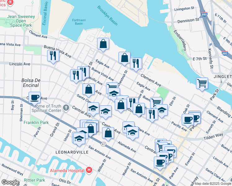 map of restaurants, bars, coffee shops, grocery stores, and more near 2008 Pacific Avenue in Alameda