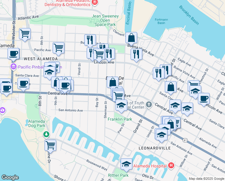 map of restaurants, bars, coffee shops, grocery stores, and more near in Alameda