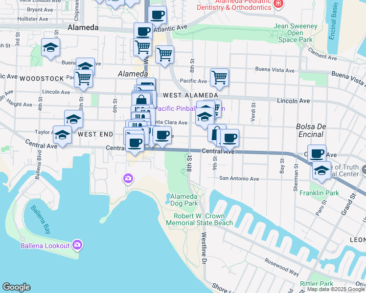 map of restaurants, bars, coffee shops, grocery stores, and more near 765 Central Avenue in Alameda