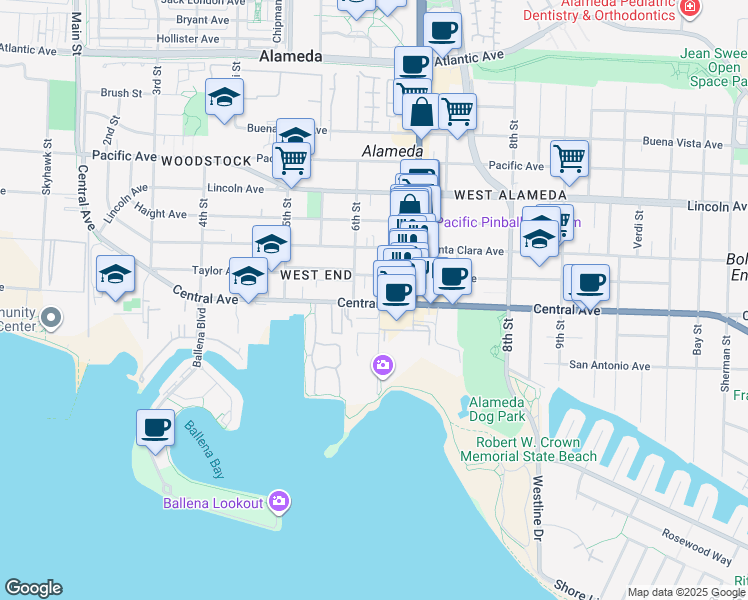 map of restaurants, bars, coffee shops, grocery stores, and more near 621 Central Avenue in Alameda