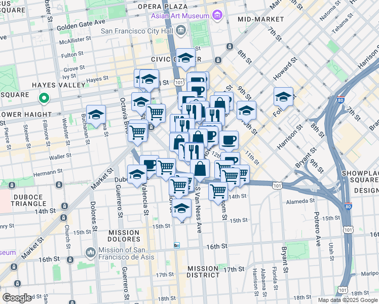 map of restaurants, bars, coffee shops, grocery stores, and more near 139 South Van Ness Avenue in San Francisco