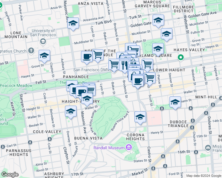 map of restaurants, bars, coffee shops, grocery stores, and more near 52 Baker Street in San Francisco