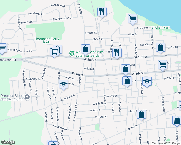 map of restaurants, bars, coffee shops, grocery stores, and more near 2420 West 3rd Street in Owensboro
