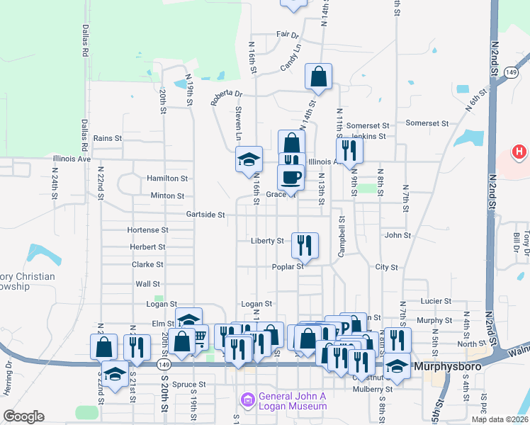 map of restaurants, bars, coffee shops, grocery stores, and more near 1516 Gartside Street in Murphysboro