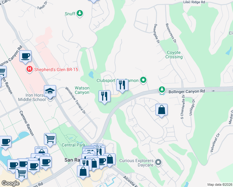 map of restaurants, bars, coffee shops, grocery stores, and more near 1101 Vista Pointe Circle in San Ramon