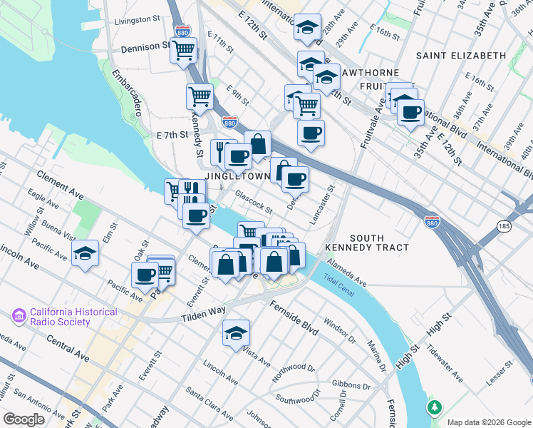 map of restaurants, bars, coffee shops, grocery stores, and more near 2865 Regatta Drive in Oakland