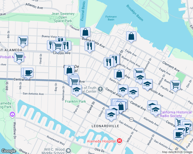 map of restaurants, bars, coffee shops, grocery stores, and more near 1428 Paru Street in Alameda