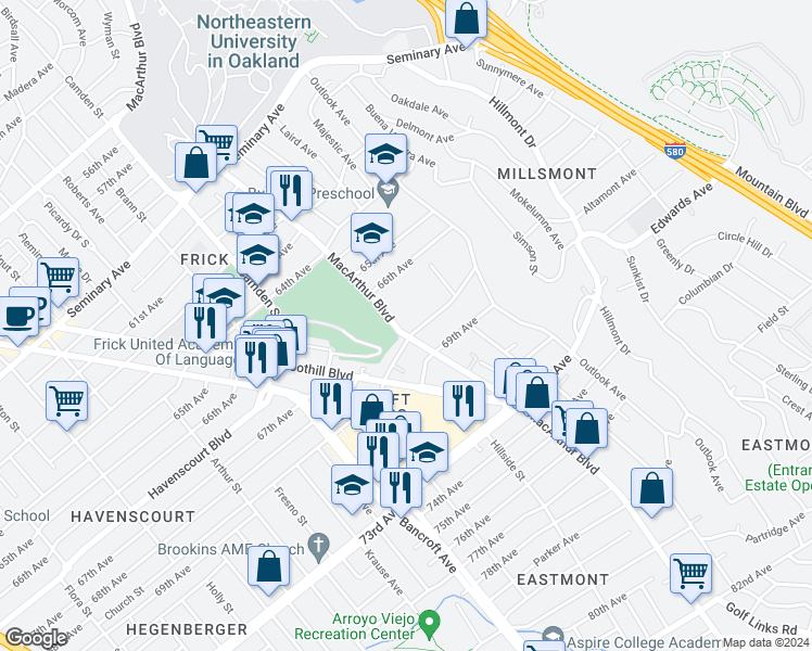 map of restaurants, bars, coffee shops, grocery stores, and more near 6724 MacArthur Boulevard in Oakland