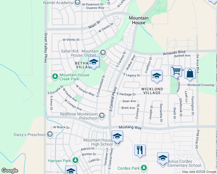map of restaurants, bars, coffee shops, grocery stores, and more near Curioso Street & Ameno Lane in Tracy