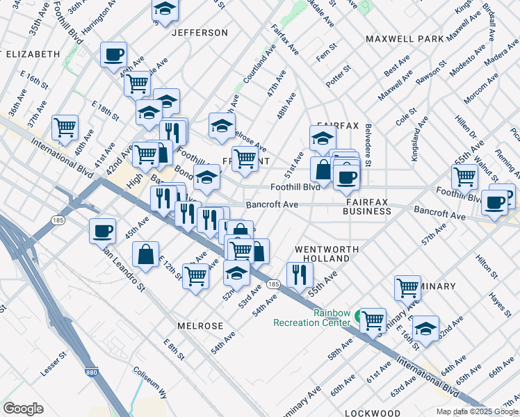 map of restaurants, bars, coffee shops, grocery stores, and more near 5027 Bancroft Avenue in Oakland