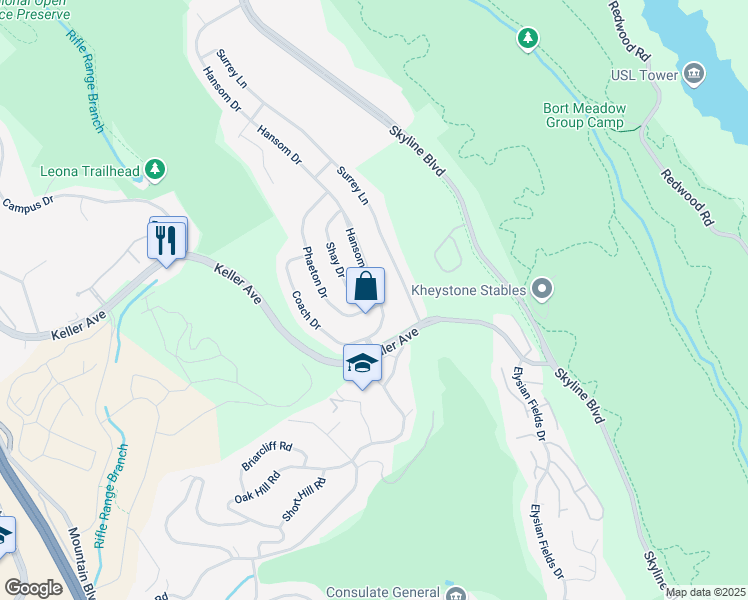 map of restaurants, bars, coffee shops, grocery stores, and more near 8180 Phaeton Drive in Oakland