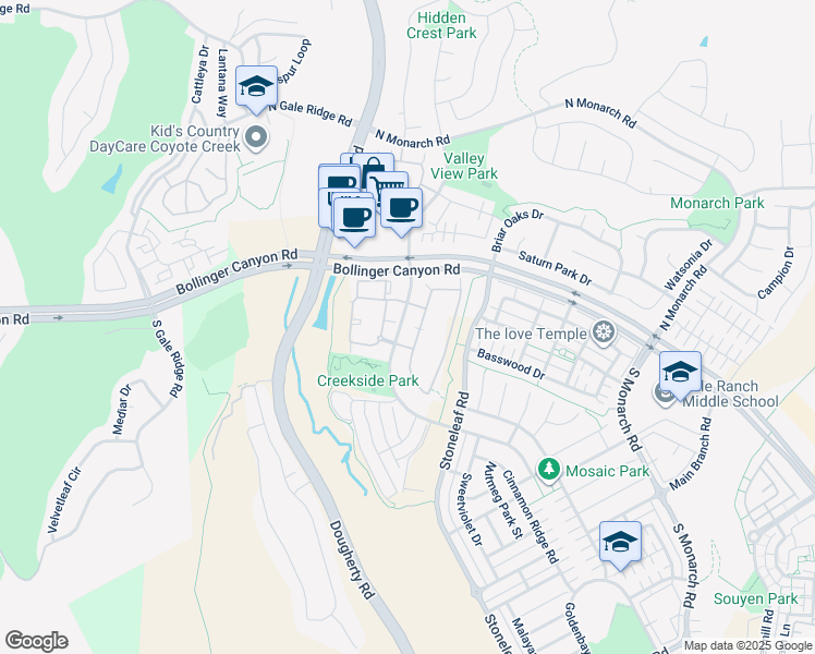map of restaurants, bars, coffee shops, grocery stores, and more near 3042 Cedarwood Loop in San Ramon