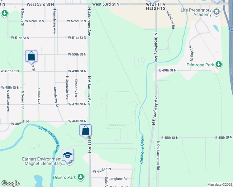 map of restaurants, bars, coffee shops, grocery stores, and more near 405 West 48th Street North in Wichita