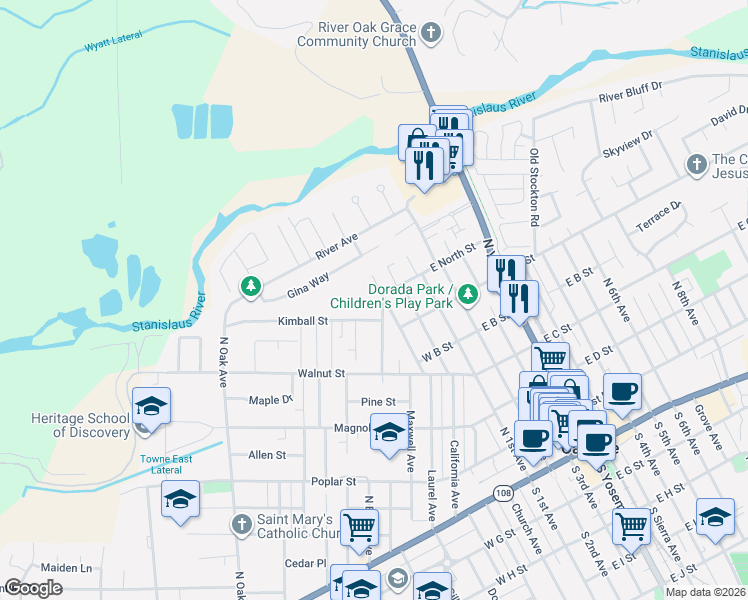 map of restaurants, bars, coffee shops, grocery stores, and more near 636 Eucalyptus Avenue in Oakdale