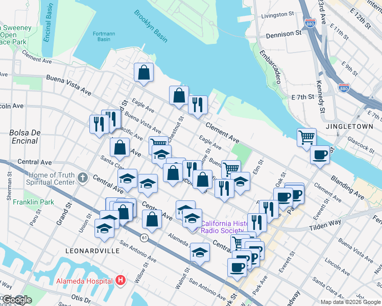 map of restaurants, bars, coffee shops, grocery stores, and more near 2044 Buena Vista Avenue in Alameda