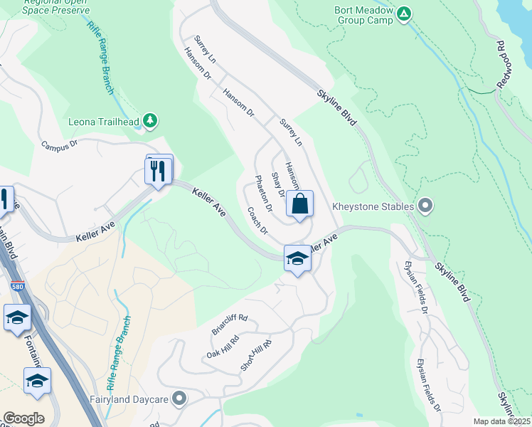 map of restaurants, bars, coffee shops, grocery stores, and more near 8071 Phaeton Drive in Oakland