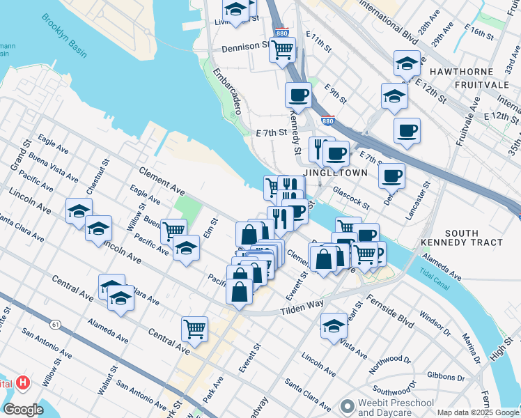 map of restaurants, bars, coffee shops, grocery stores, and more near 2301 Blanding Avenue in Alameda