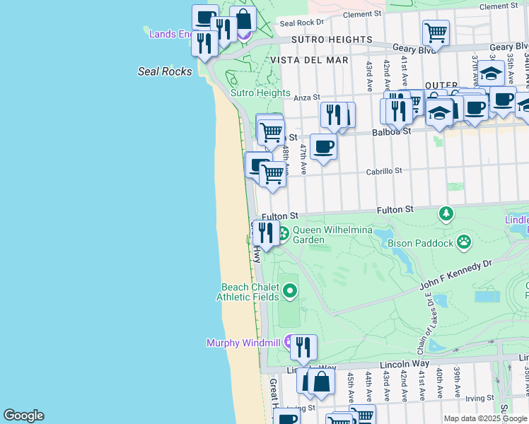 map of restaurants, bars, coffee shops, grocery stores, and more near 875 La Playa Street in San Francisco