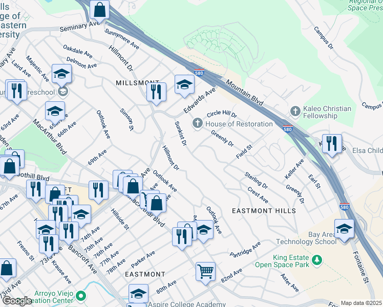 map of restaurants, bars, coffee shops, grocery stores, and more near Sunkist Drive & Columbian Drive in Oakland
