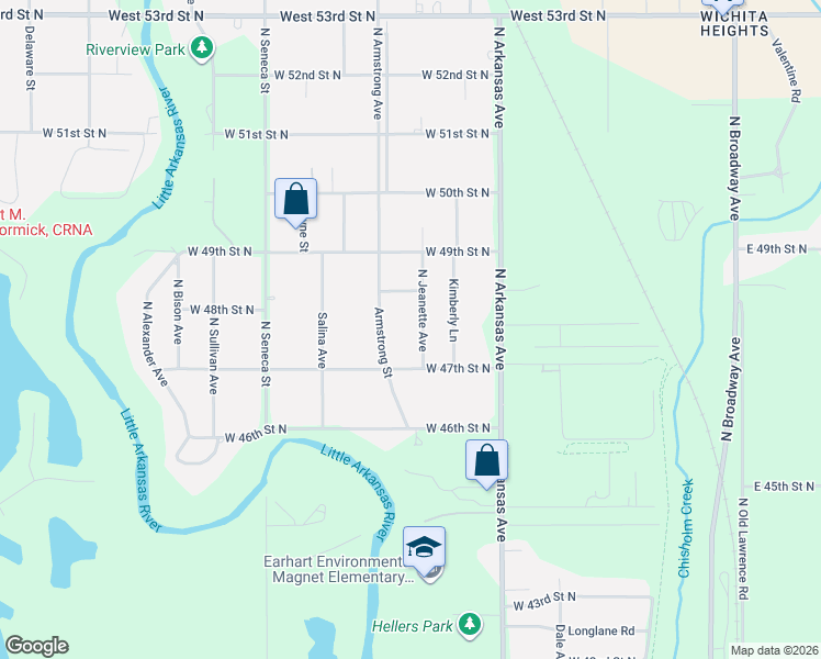map of restaurants, bars, coffee shops, grocery stores, and more near 4845 North Jeanette Avenue in Wichita