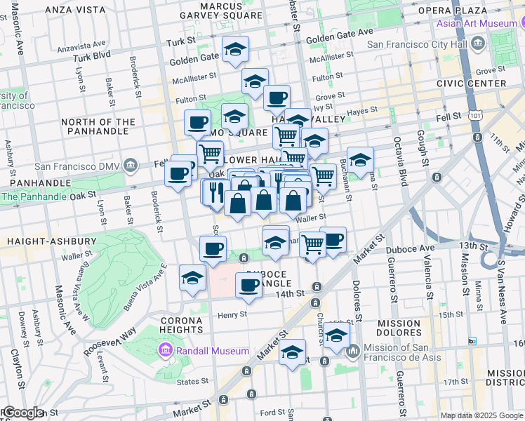 map of restaurants, bars, coffee shops, grocery stores, and more near 659 Haight Street in San Francisco