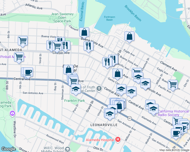 map of restaurants, bars, coffee shops, grocery stores, and more near 1428 Paru Street in Alameda