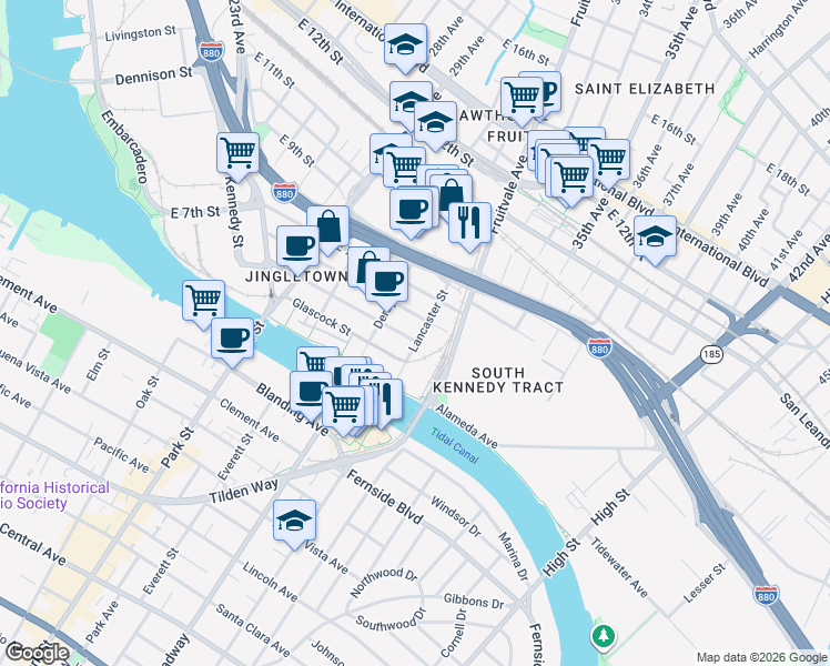 map of restaurants, bars, coffee shops, grocery stores, and more near in Oakland
