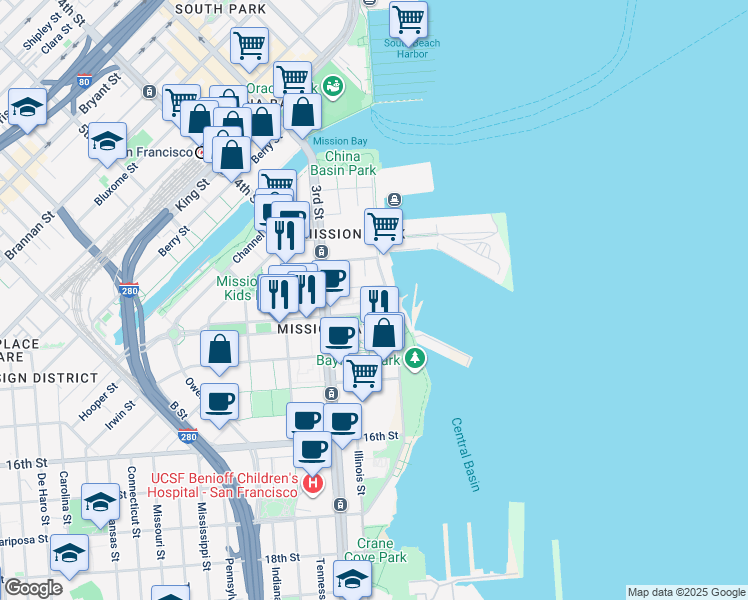 map of restaurants, bars, coffee shops, grocery stores, and more near 420 Mission Bay Boulevard North in San Francisco