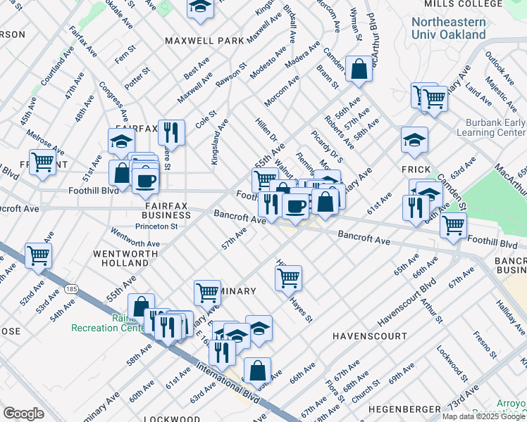 map of restaurants, bars, coffee shops, grocery stores, and more near in Oakland