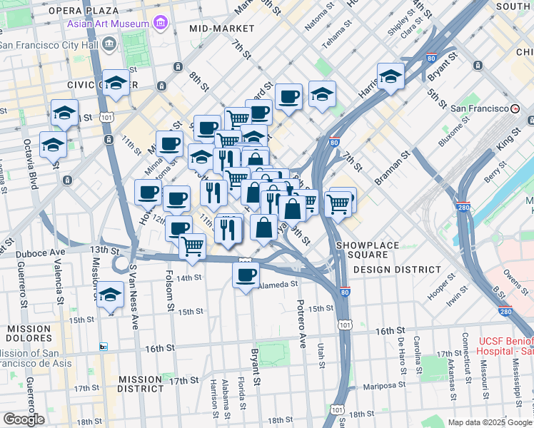 map of restaurants, bars, coffee shops, grocery stores, and more near 222 Dore Street in San Francisco