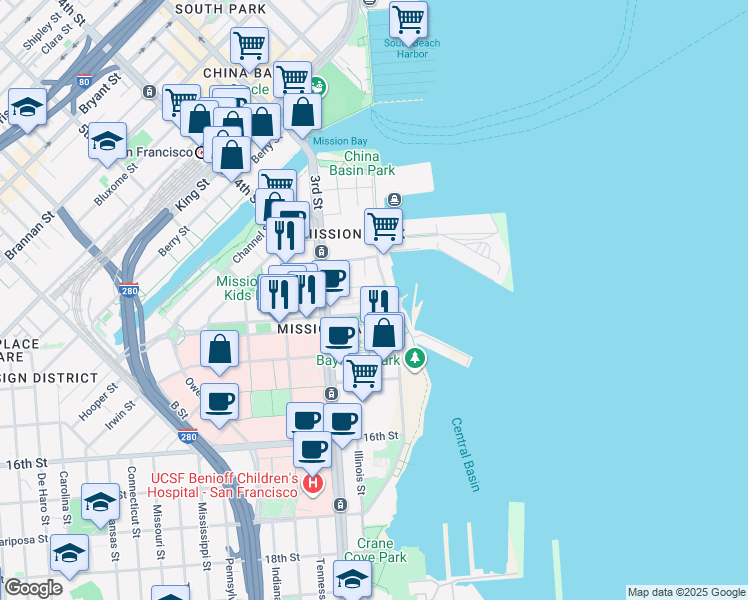 map of restaurants, bars, coffee shops, grocery stores, and more near 330 Mission Bay Boulevard North in San Francisco