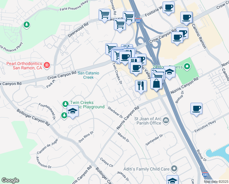map of restaurants, bars, coffee shops, grocery stores, and more near 560 La Copita Court in San Ramon