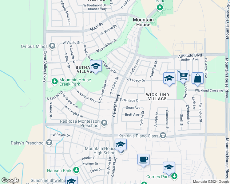 map of restaurants, bars, coffee shops, grocery stores, and more near 53 Ameno Lane in Mountain House