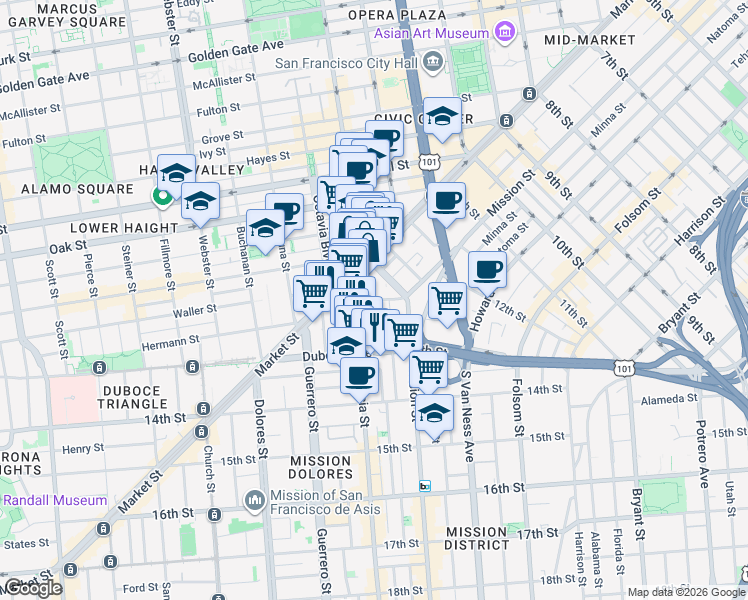 map of restaurants, bars, coffee shops, grocery stores, and more near McCoppin St & Stevenson St in San Francisco