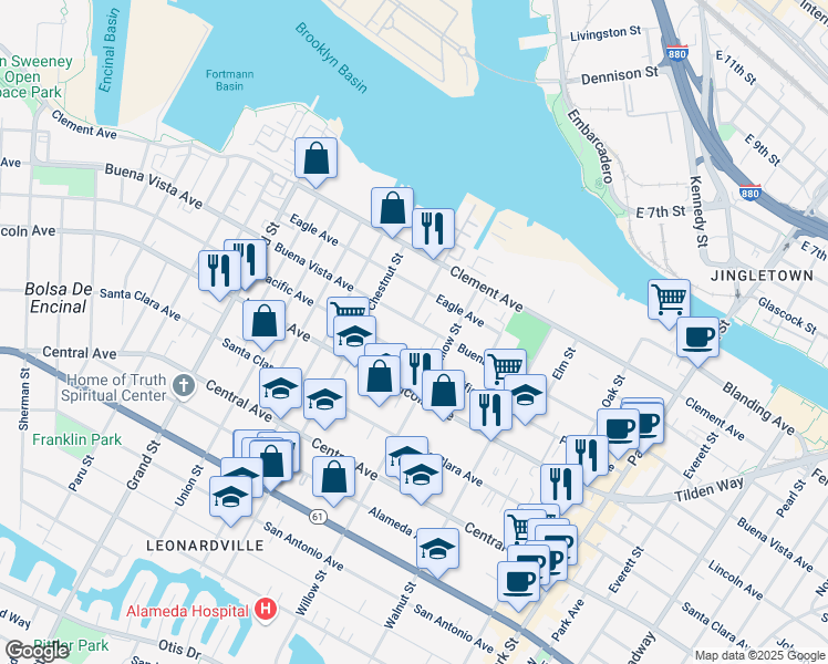 map of restaurants, bars, coffee shops, grocery stores, and more near 2040 Buena Vista Avenue in Alameda