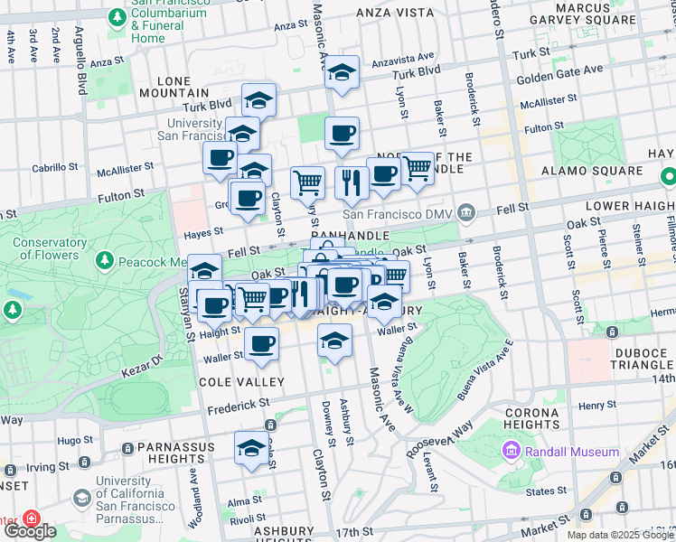 map of restaurants, bars, coffee shops, grocery stores, and more near 1015 Masonic Avenue in San Francisco