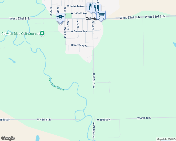 map of restaurants, bars, coffee shops, grocery stores, and more near 5299 North 167th Street West in Colwich