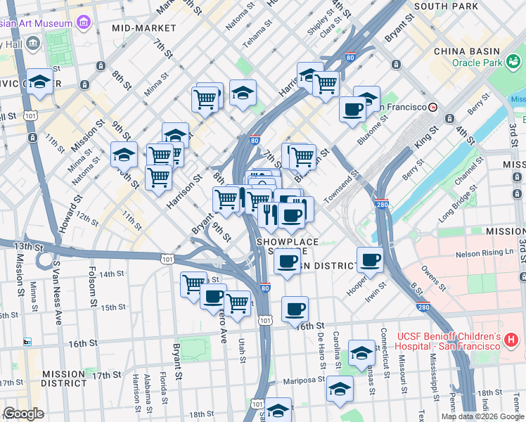 map of restaurants, bars, coffee shops, grocery stores, and more near 888 Brannan Street in San Francisco