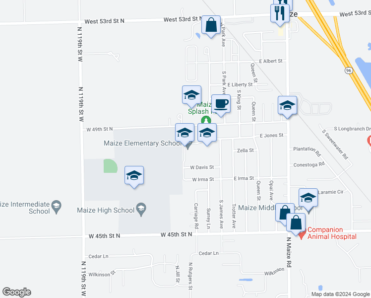 map of restaurants, bars, coffee shops, grocery stores, and more near 305 West Jones Street in Maize