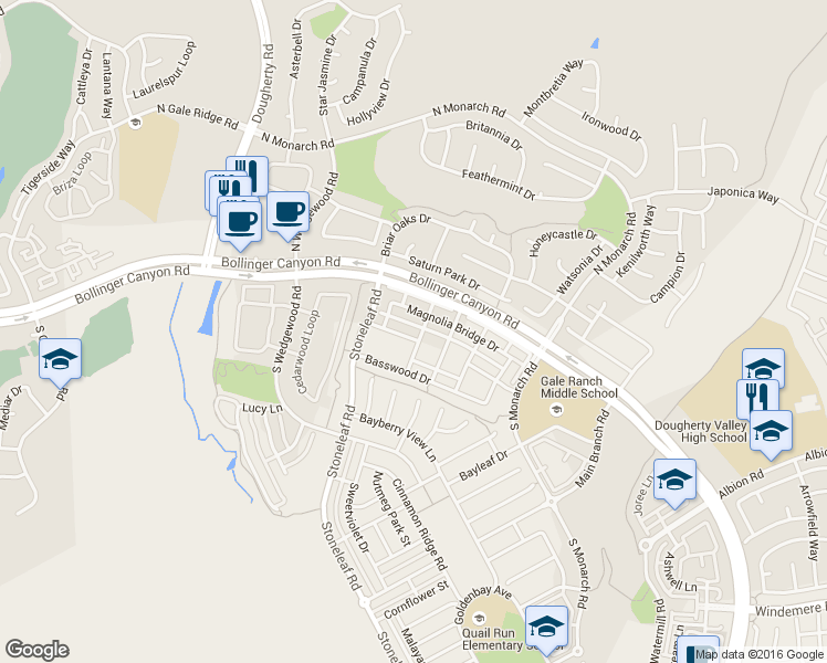 map of restaurants, bars, coffee shops, grocery stores, and more near 2057 Bayporte Way in San Ramon