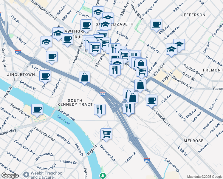 map of restaurants, bars, coffee shops, grocery stores, and more near 901 39th Avenue in Oakland
