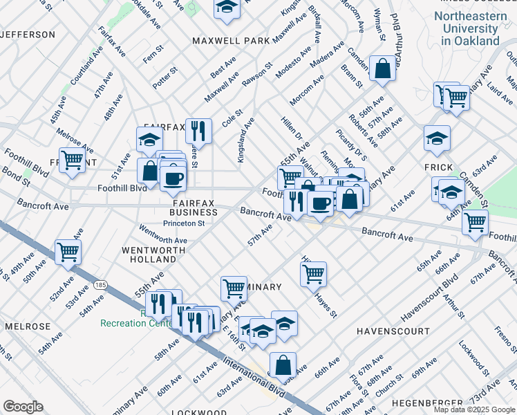map of restaurants, bars, coffee shops, grocery stores, and more near 5600 Bancroft Avenue in Oakland