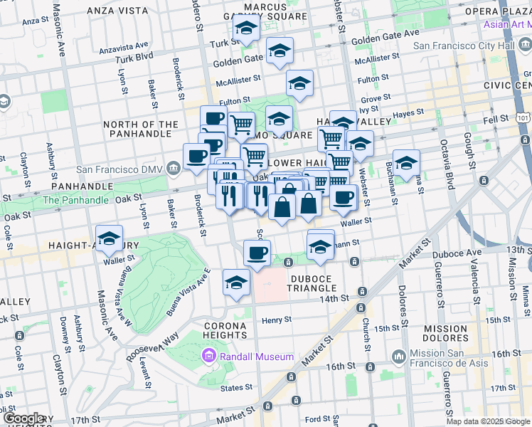 map of restaurants, bars, coffee shops, grocery stores, and more near 747 Haight Street in San Francisco