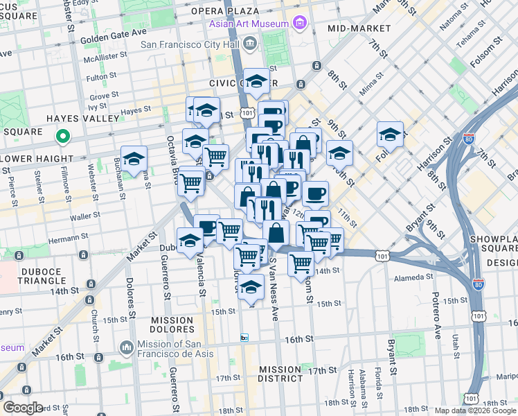 map of restaurants, bars, coffee shops, grocery stores, and more near 140 South Van Ness Avenue in San Francisco